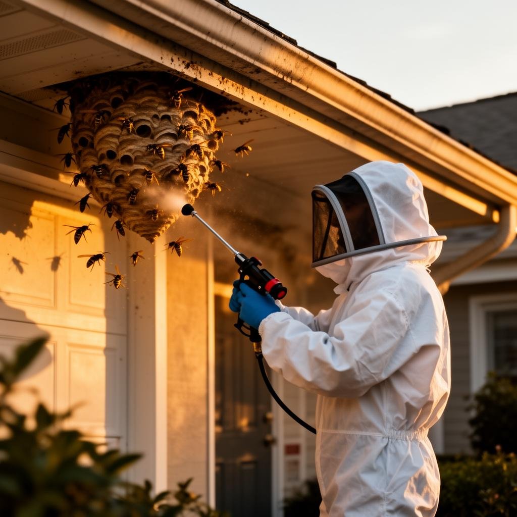 Professional wasp nest removal technician treating a wasp nest on an Essex property