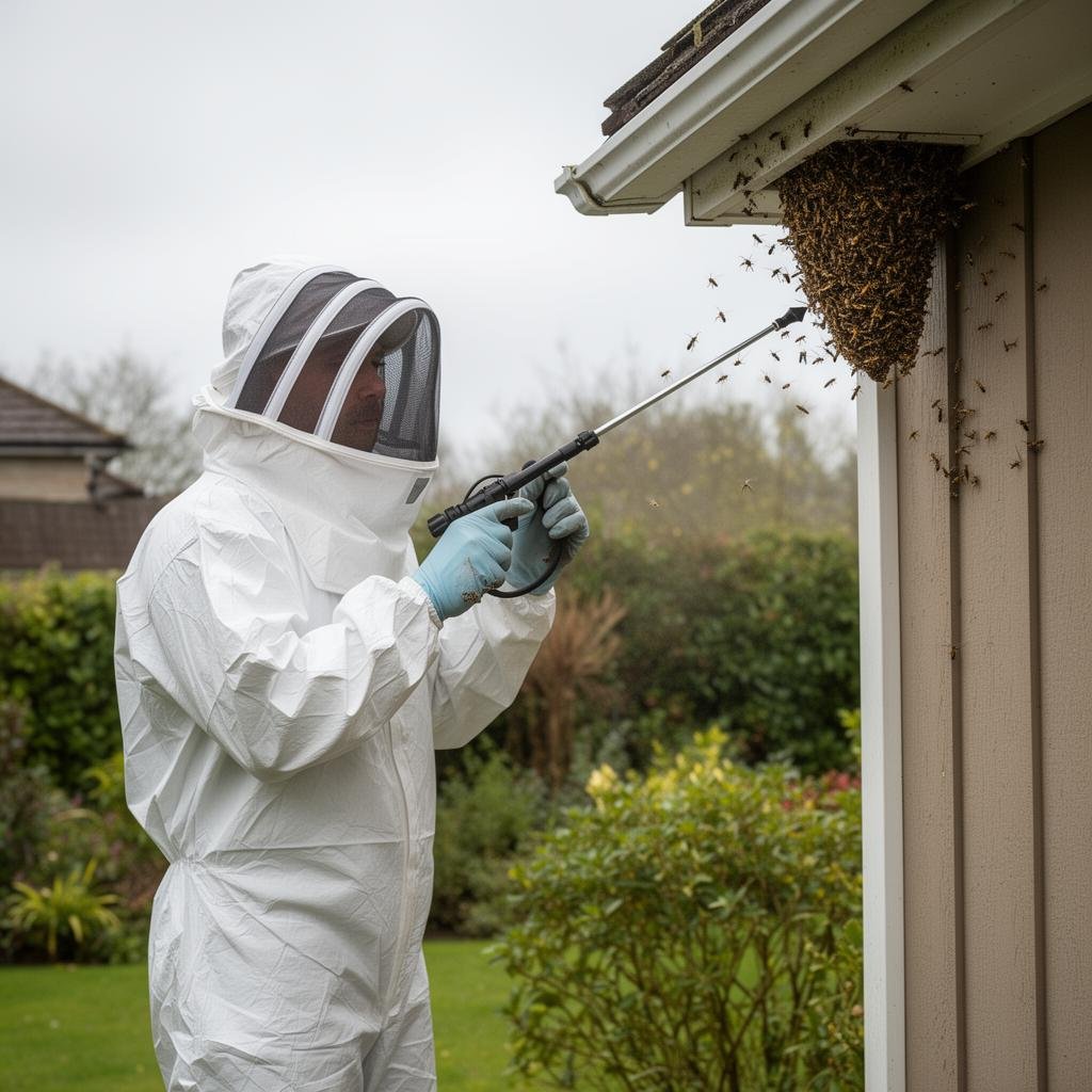 Essex pest control technician in protective suit treating a wasp nest under a roof eave