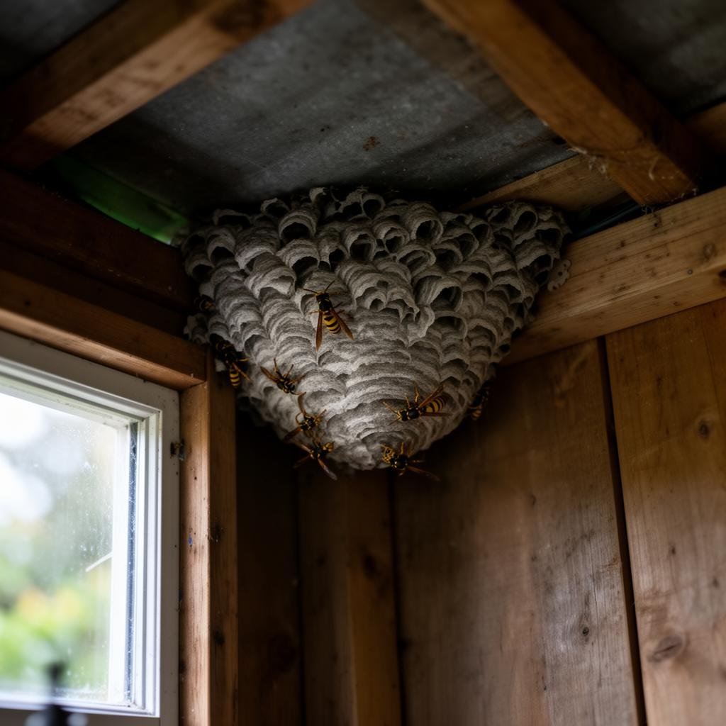 Wasp nest hidden in the roof corner of a garden shed at an Essex property