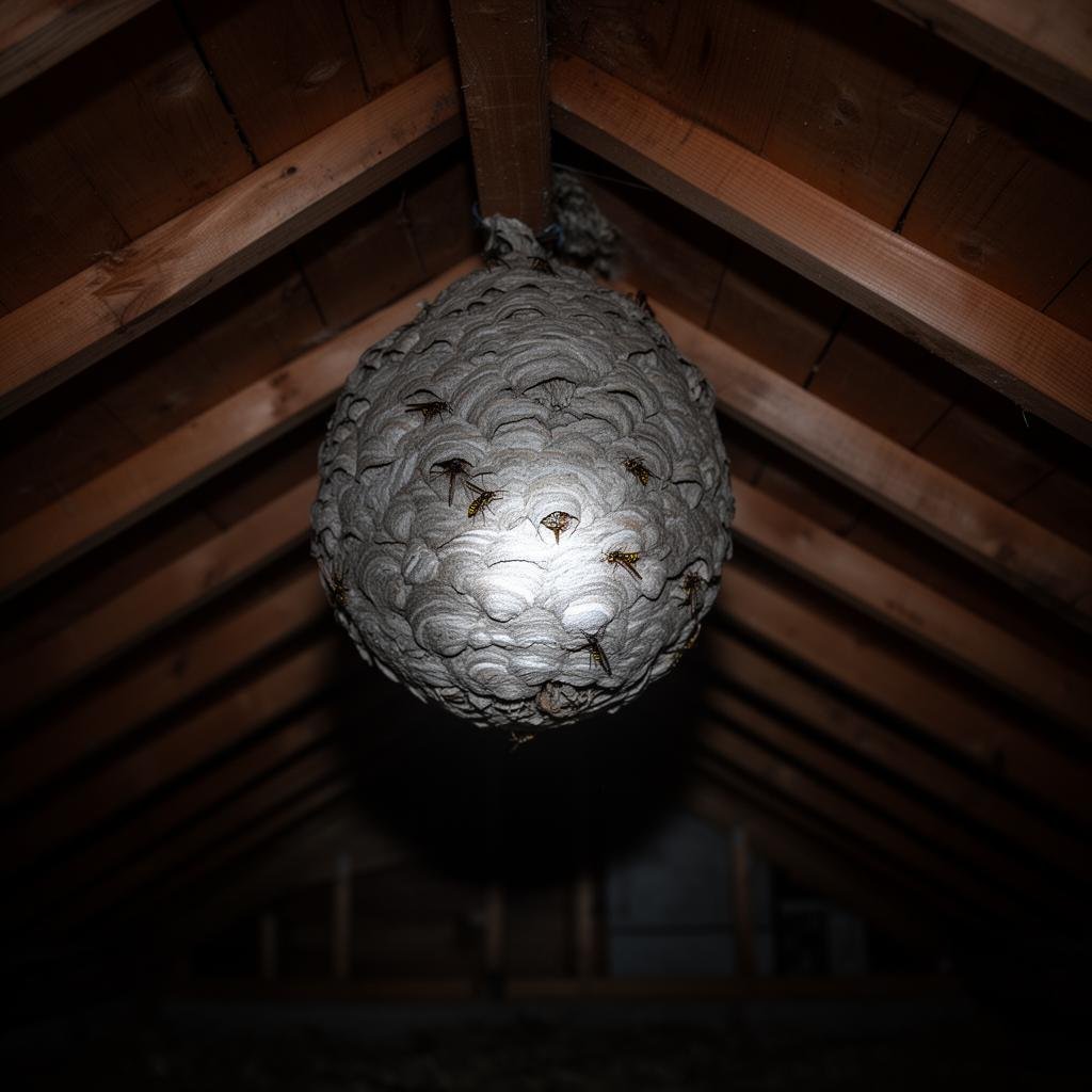 Wasp nest in a loft at an Essex home, built between wooden rafters and ready for professional removal